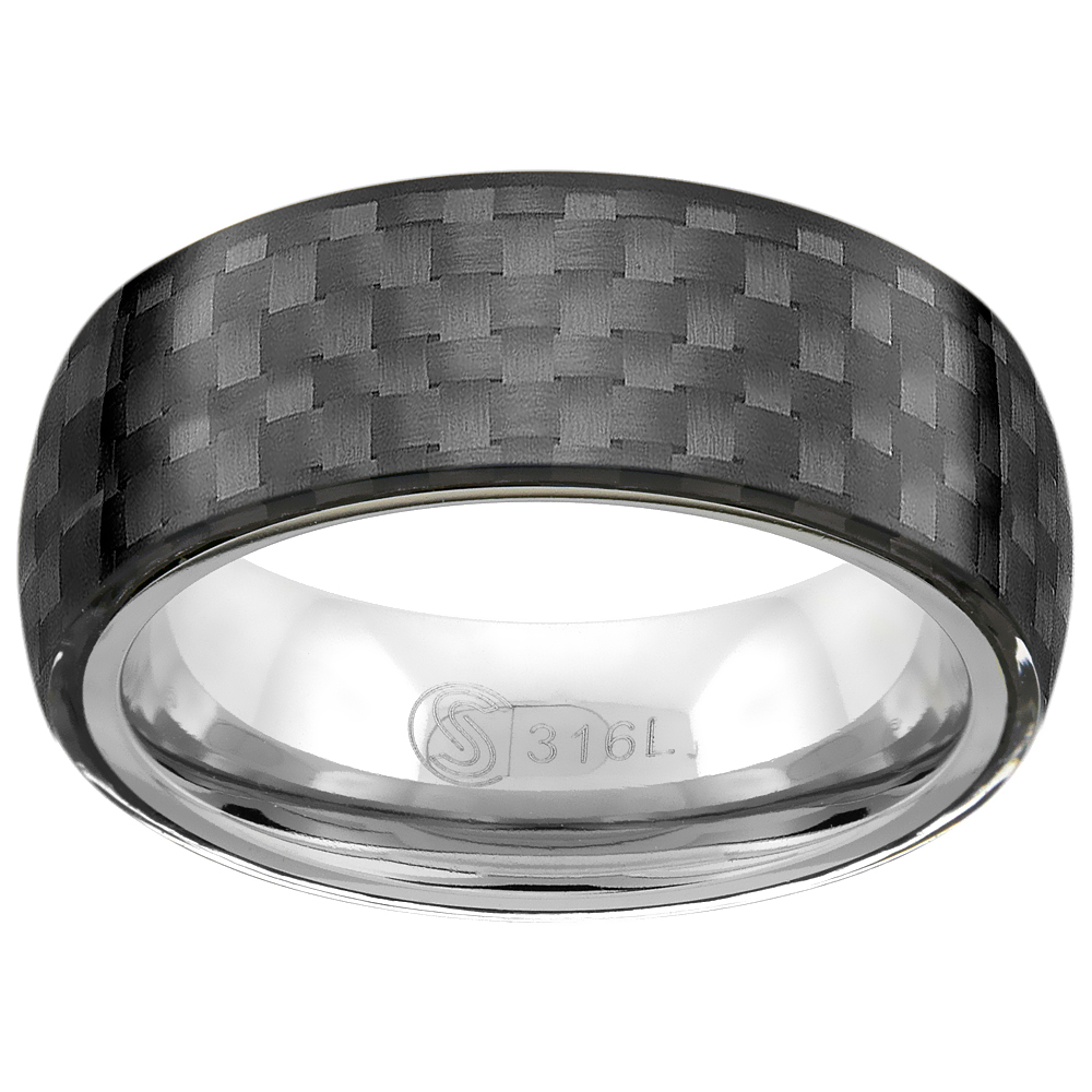 Surgical Stainless Steel 8mm Black Carbon Fiber Wedding Band Ring Domed Comfort-Fit sizes 9 - 13