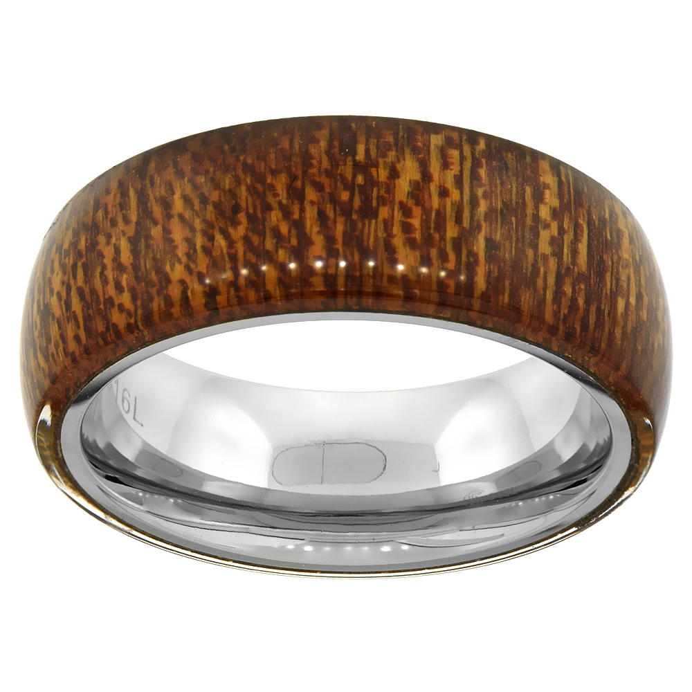 Surgical Stainless Steel 8mm Wood Veneer Wedding Band Ring Domed Comfort-Fit sizes 9 - 13
