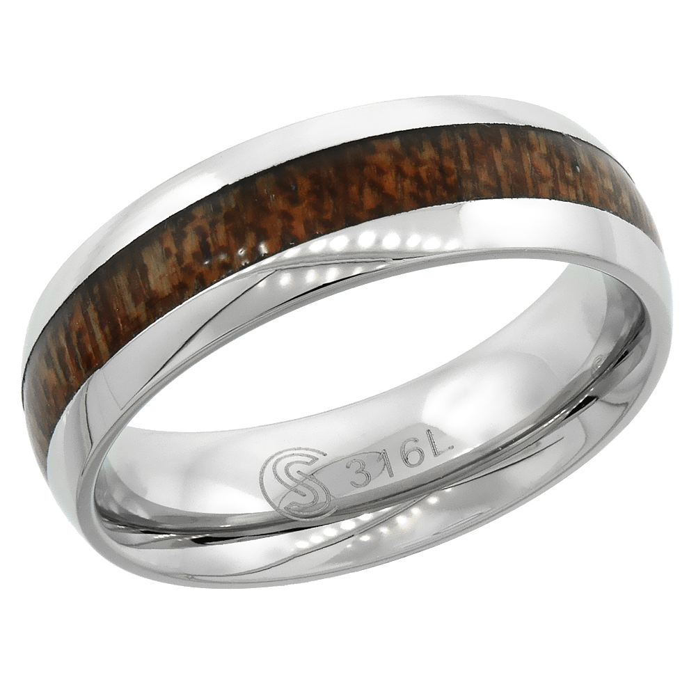 Surgical Stainless Steel 6mm Wood Inlay Wedding Band Ring Domed Polished Edges Comfort-Fit sizes 6 - 8.5