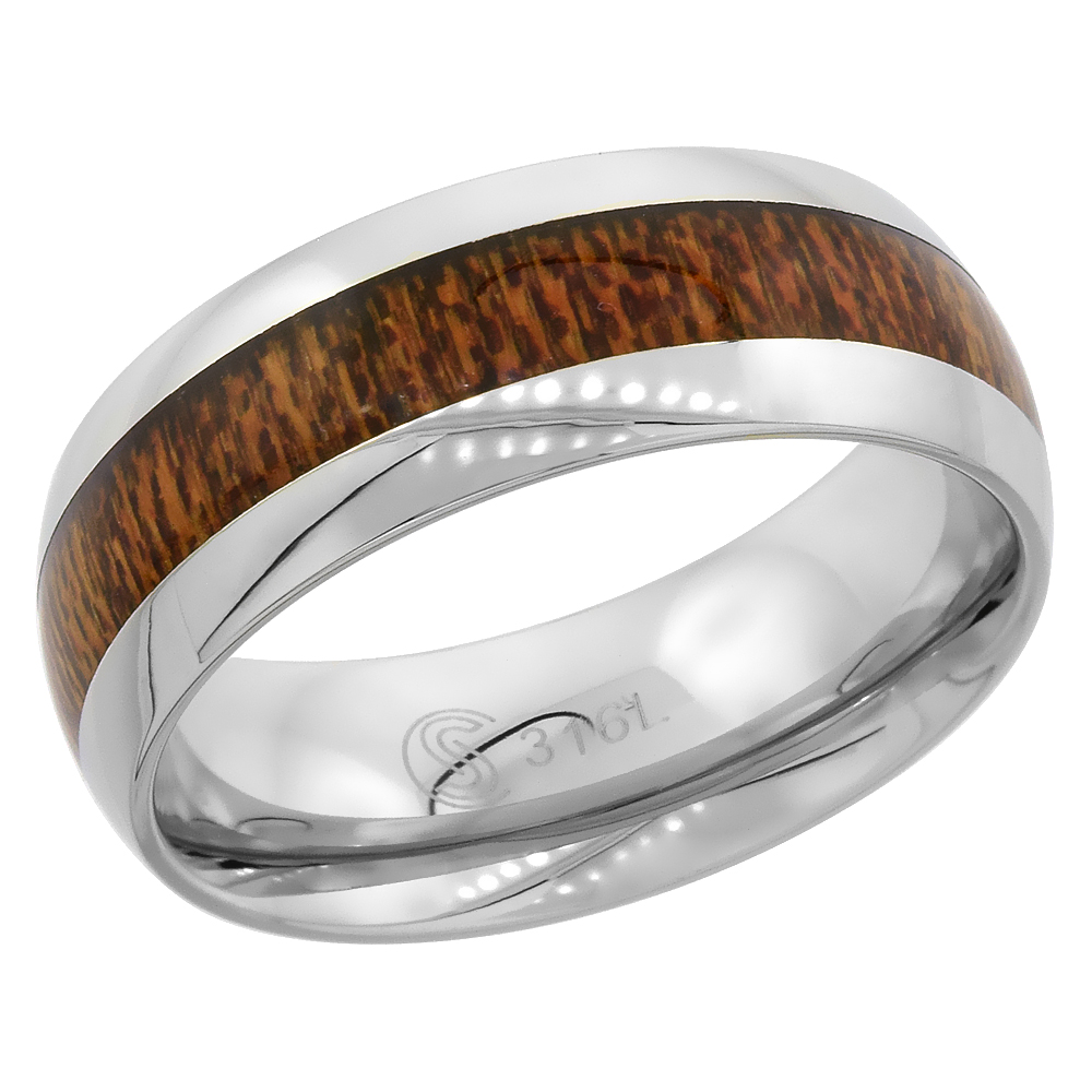 Surgical Stainless Steel 8mm Wood Inlay Wedding Band Ring Domed Polished Edges Comfort-Fit sizes 9 - 13