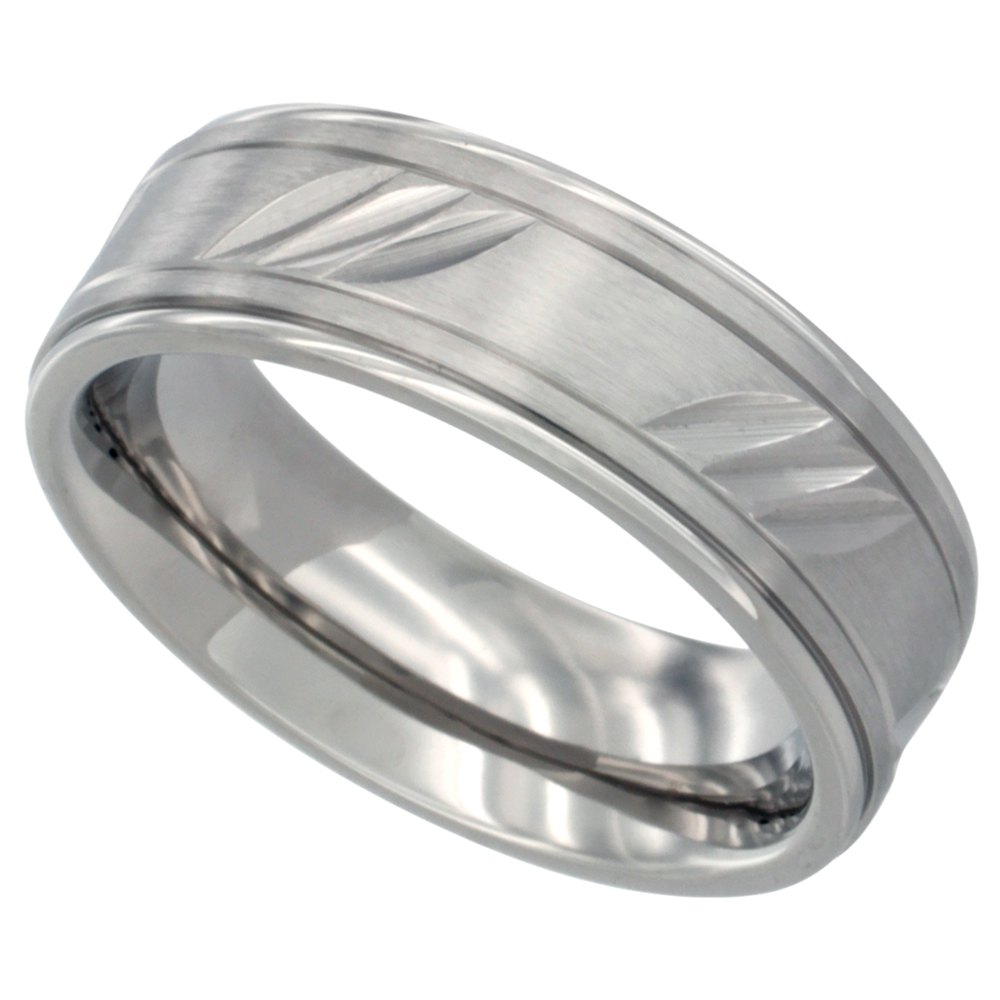 Surgical Stainless Steel Mens Flat 7mm Wedding Band Ring Diagonal Carved Stripes Comfort fit sizes 8-12