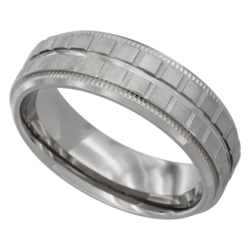 Stainless Steel Mens 7mm Milgrain Wedding Band Ring Square Blocks Pattern Comfort fit sizes 8-12