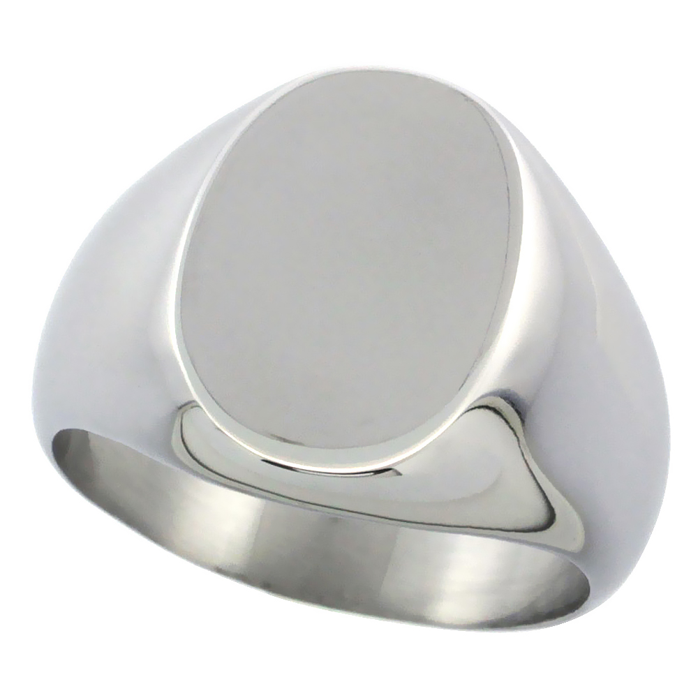 Surgical Stainless Steel Oval Signet Ring Solid Back Flawless Finish 5/8 inch, sizes 5 to 10