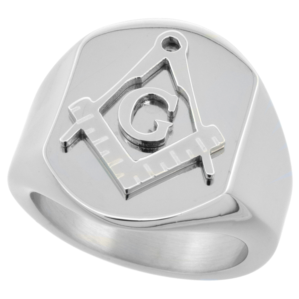 Surgical Stainless Steel Masonic Ring Square and Compass 3/4 inch, sizes 8 - 14