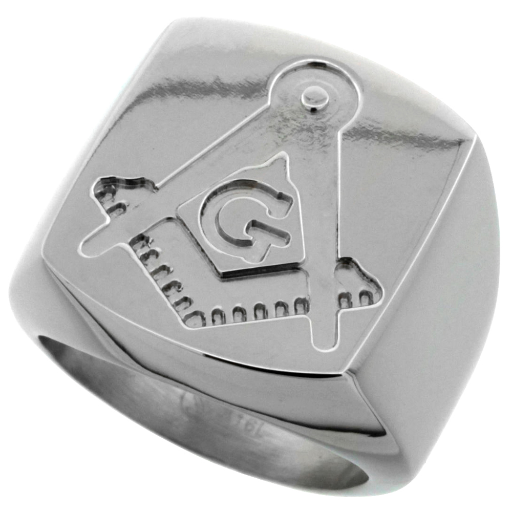 Surgical Stainless Steel Masonic Ring Square and Compass 3/4 inch, sizes 8 - 14