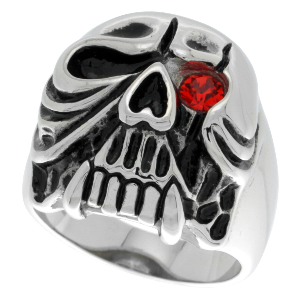 Surgical Stainless Steel Skull Ring with Fangs and Red CZ Eye Sizes 9 - 15