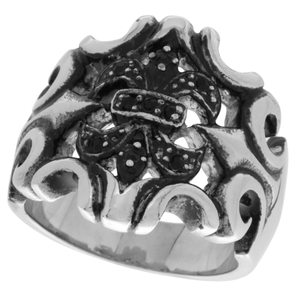 Stainless Steel Fleur De Lis Armor Ring Black CZ Stones Biker Rings for men sizes 9 - 15