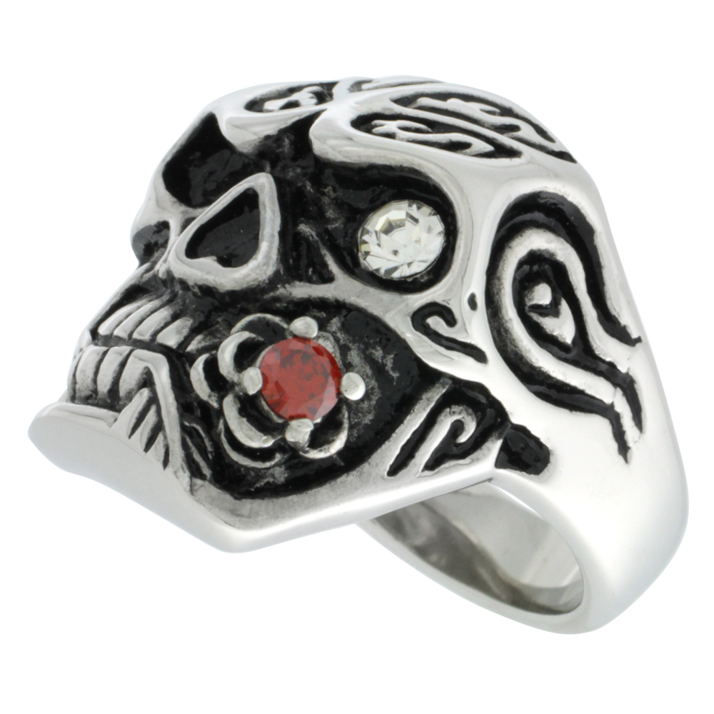 Stainless Steel Skull Ring White CZ Eye & Biting Red CZ Rose Biker Rings for men sizes 9 - 15