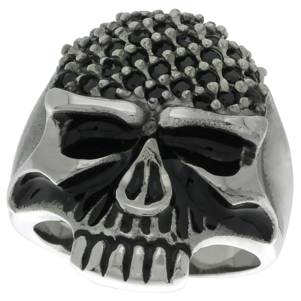 Stainless Steel Skull Ring Black CZ Biker Rings for men sizes 9 - 15