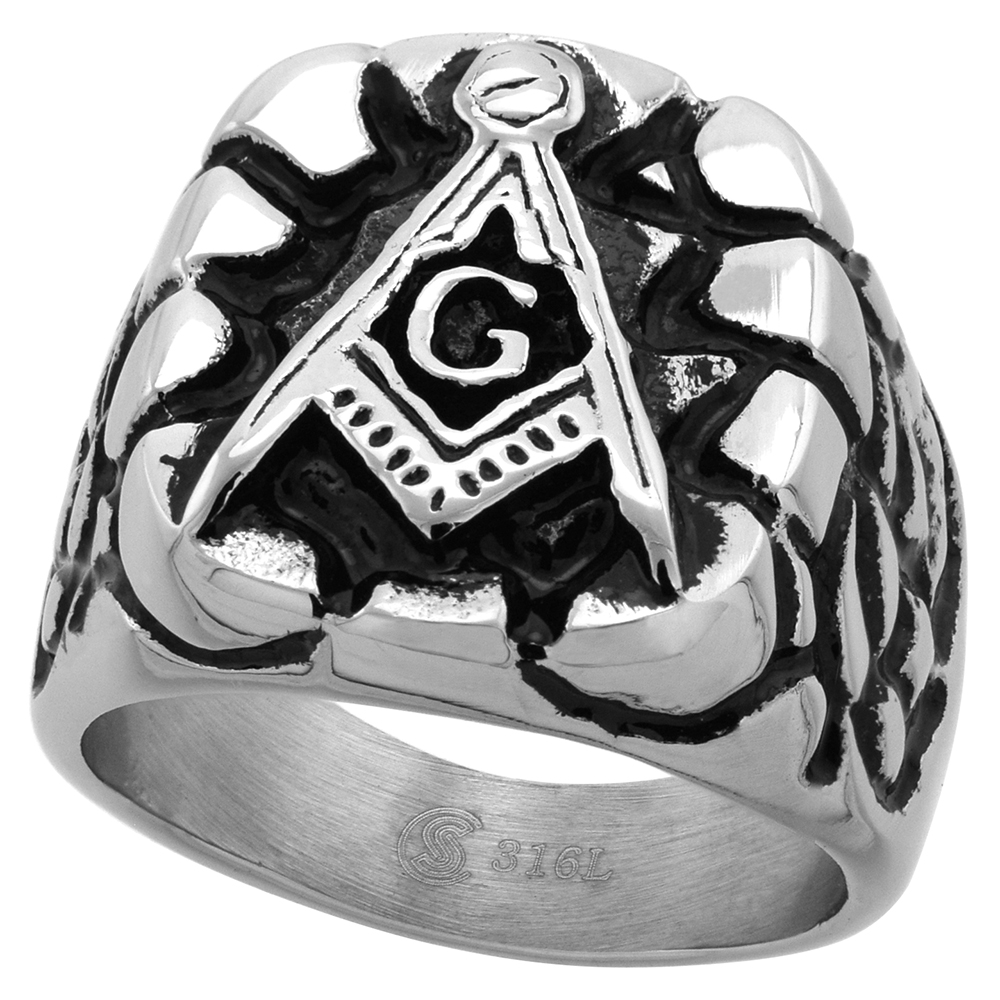 Stainless Steel Masonic Ring for Men Square and Compass Nugget Design 3/4 inch wide size 9 - 13