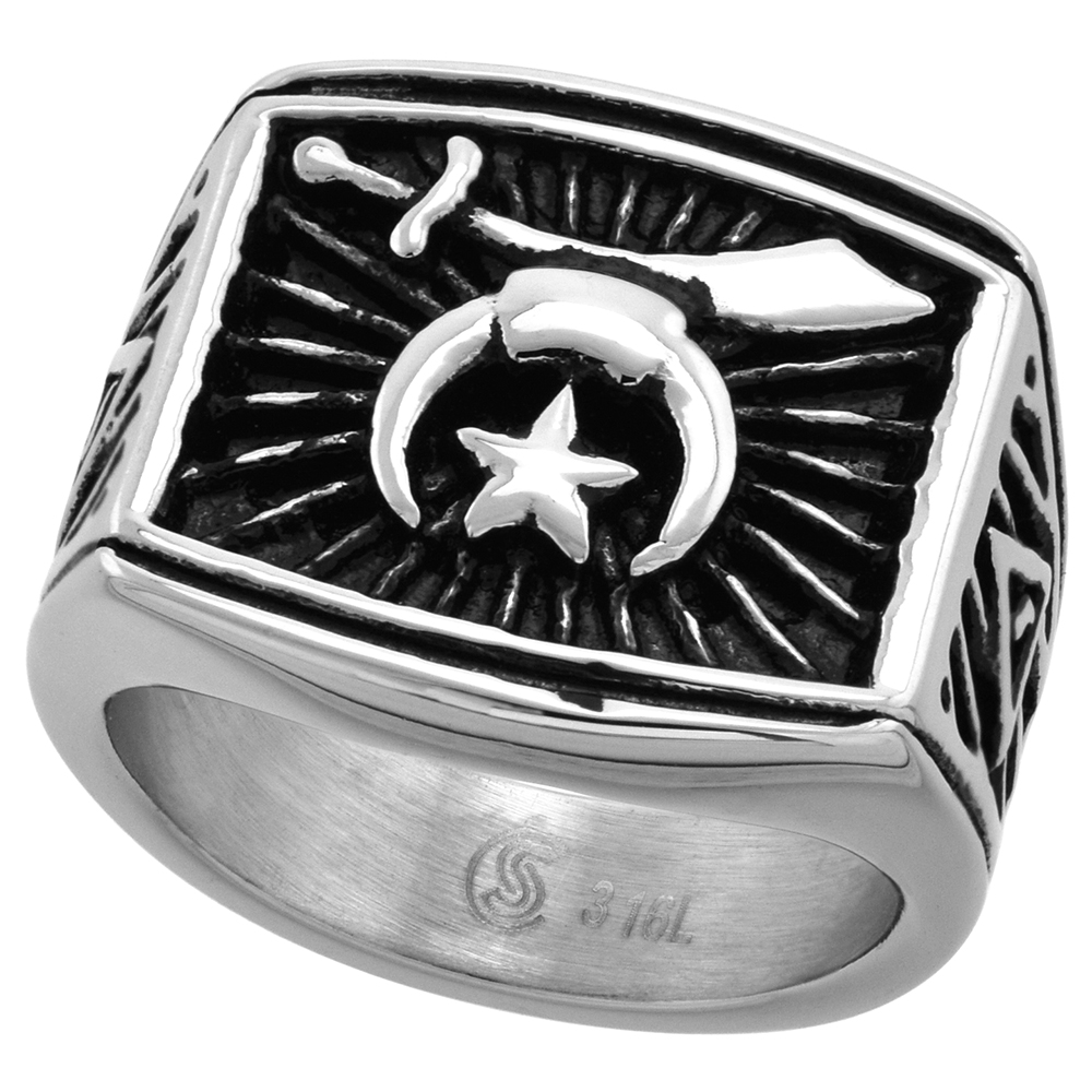 Stainless Steel Masonic Shriners Ring for Men Rectangular 3/4 inch wide size 9 - 13