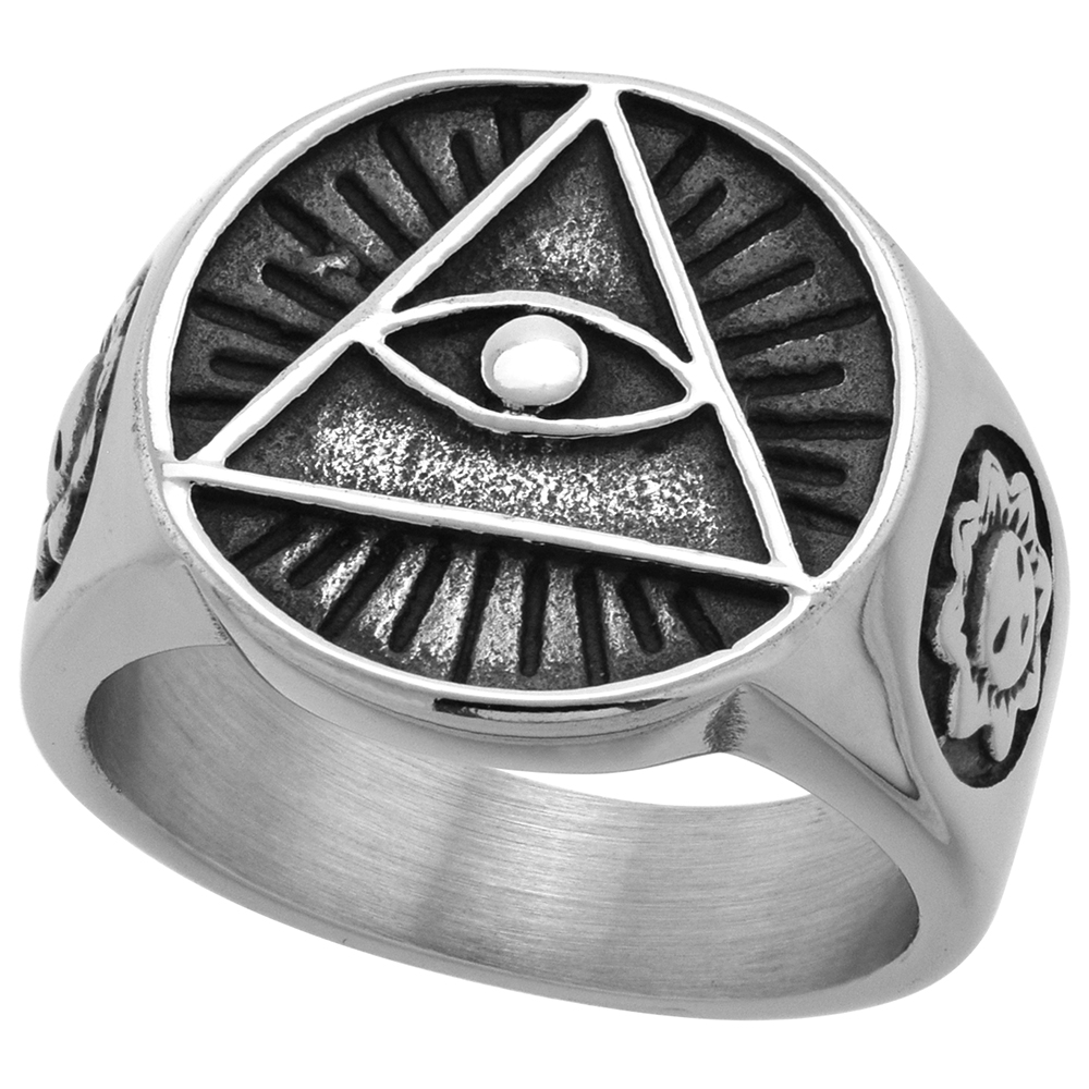 Stainless Steel Illuminati All Seeing Eye of Providence Ring for Men Round 11/16 inch wide size 9 -13