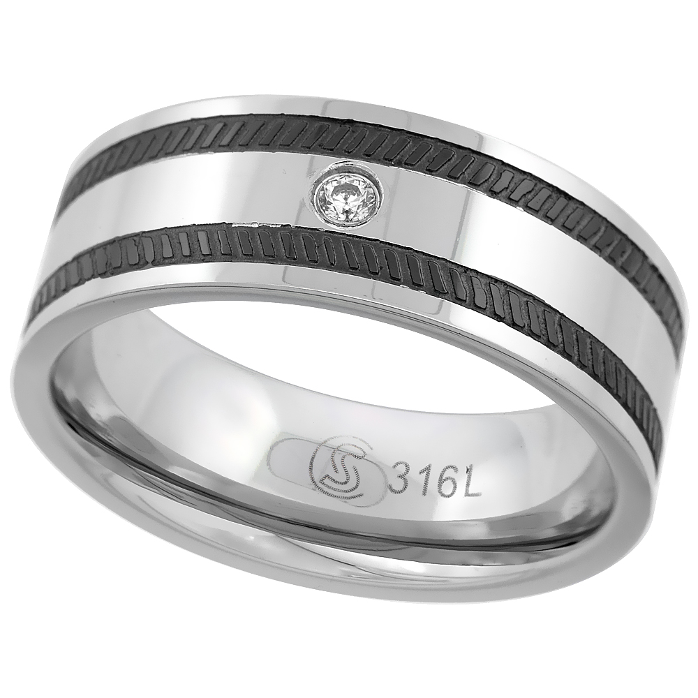 Surgical Stainless Steel 8mm CZ Wedding Band Ring Black Coin-edge Stripes Comfort fit, sizes 8 - 14