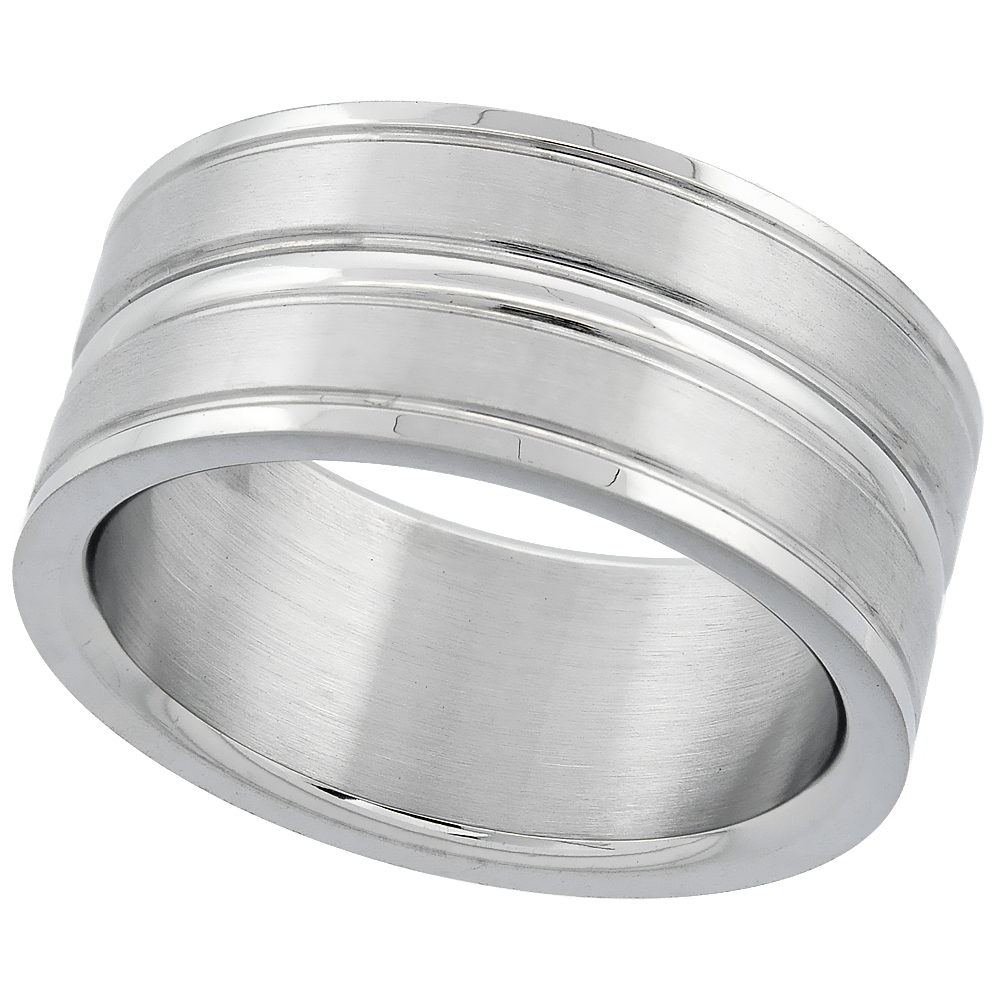 Surgical Stainless Steel 10mm Wedding Band Ring Grooved Center and Edges Matte Finish sizes 8 - 14