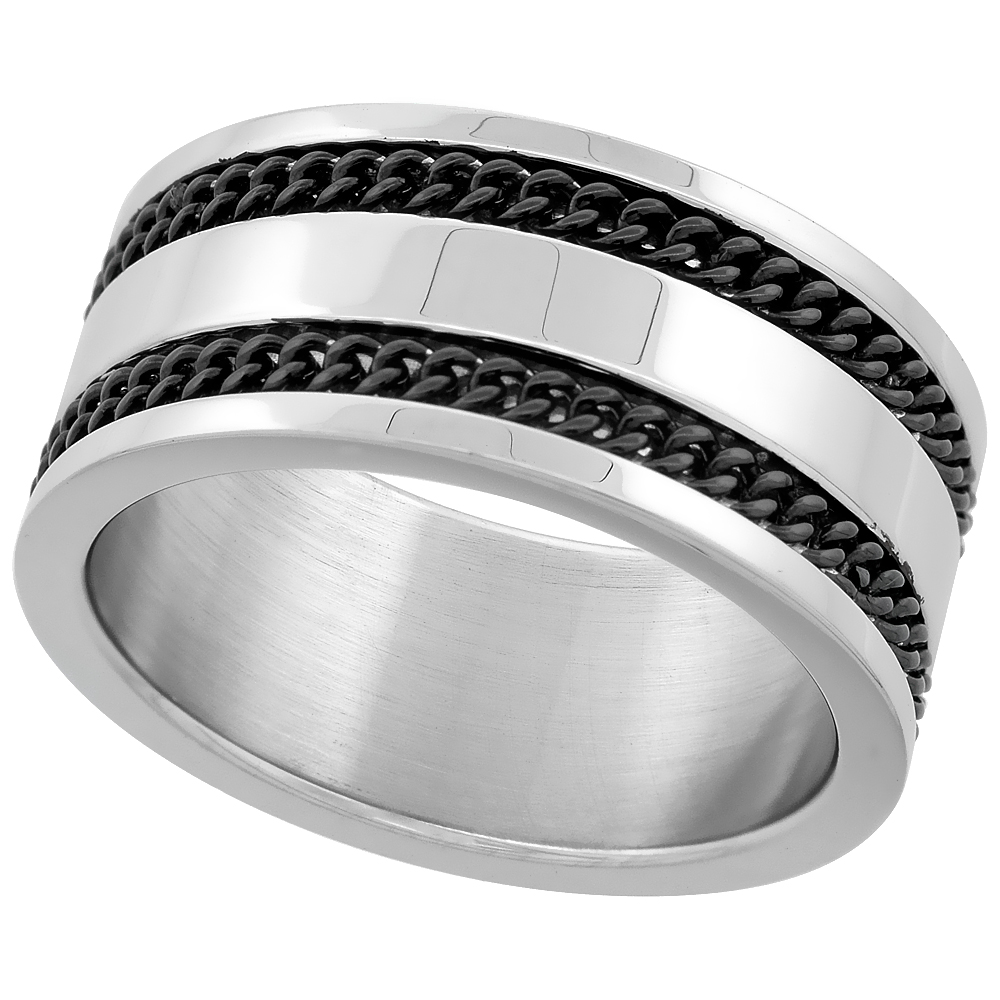 Surgical Stainless Steel 10mm Wedding Band Ring Black Double Chain Inlay Polished finish sizes 8 - 14
