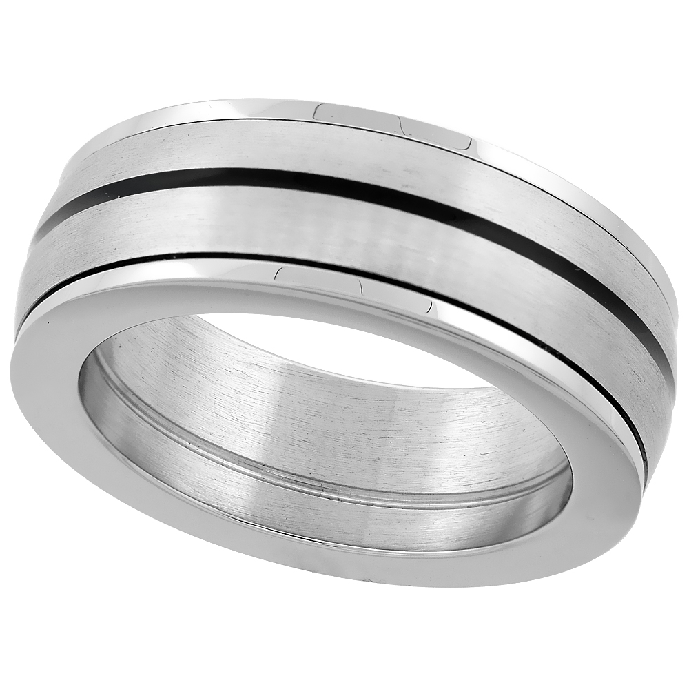 Stainless Steel 8mm Domed Spinner Ring Wedding Band Black Stripe Polished Edges Thick, sizes 8 - 14