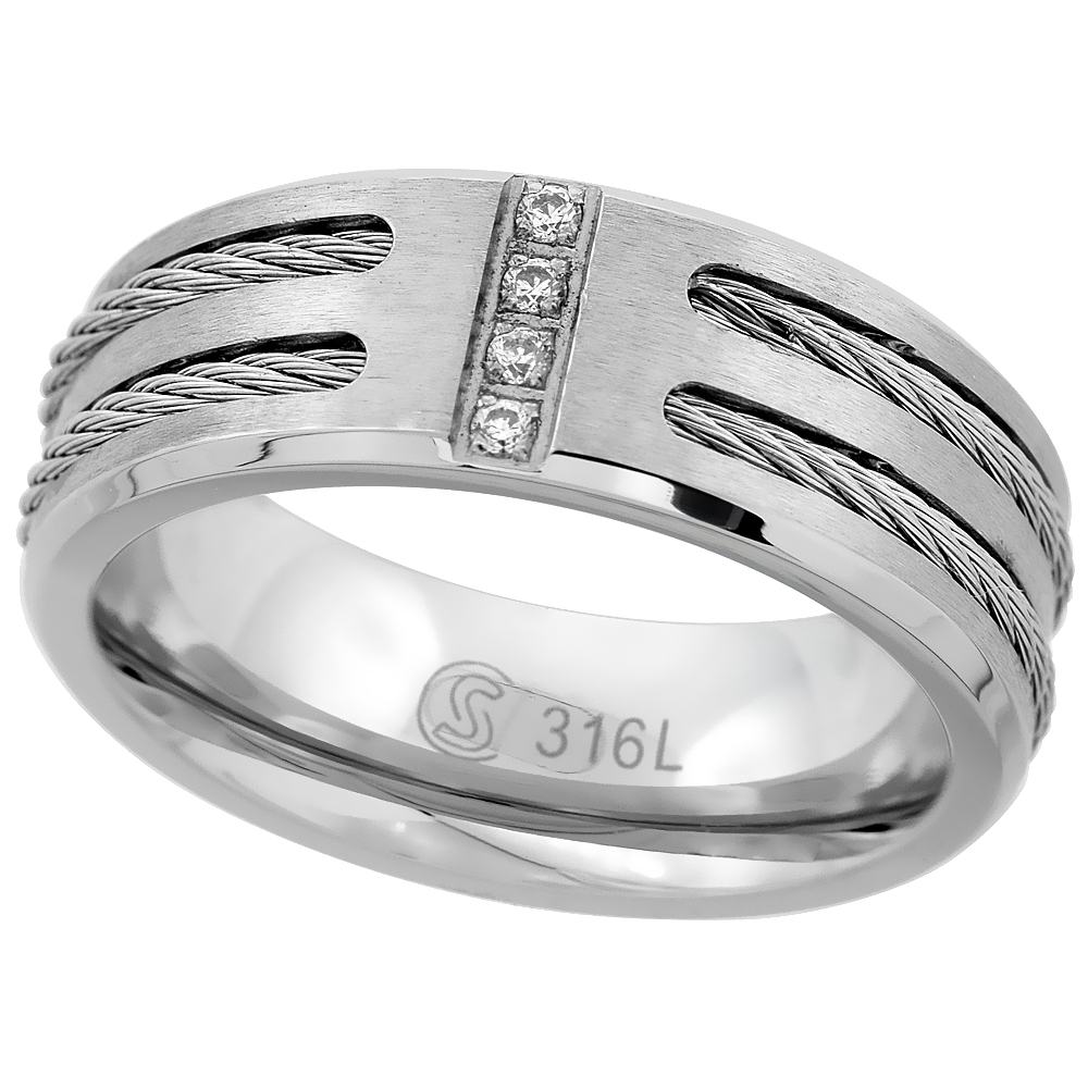 Stainless Steel 8mm CZ Wedding Band Ring Double Cable Inlay Beveled Edges Matte Comfort fit sizes 8 - 14