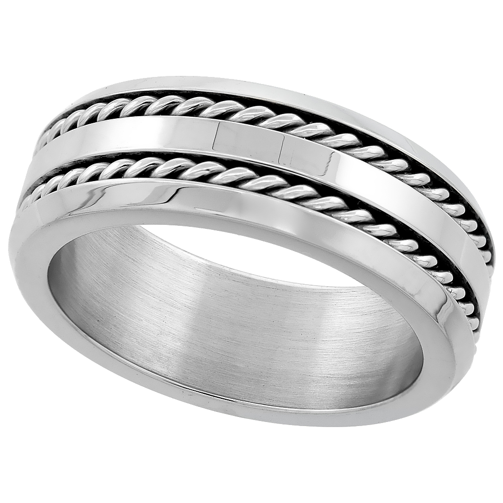 Stainless Steel 8mm Wedding Band Ring Double Rope Inlay Beveled Edges Polished Finish sizes 8 - 14