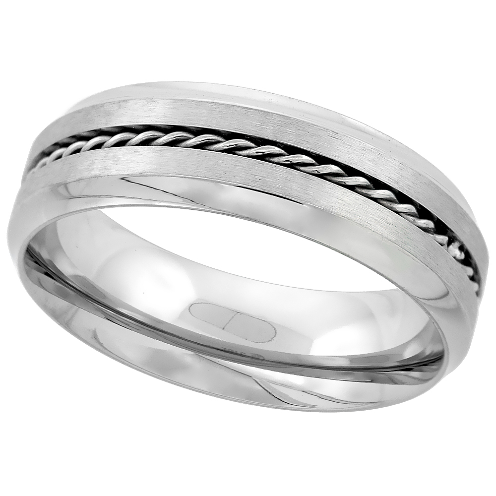 Stainless Steel 7mm Rope Inlay Wedding Band Ring Matte Finish Concaved Edges Comfort Fit sizes 8 - 14