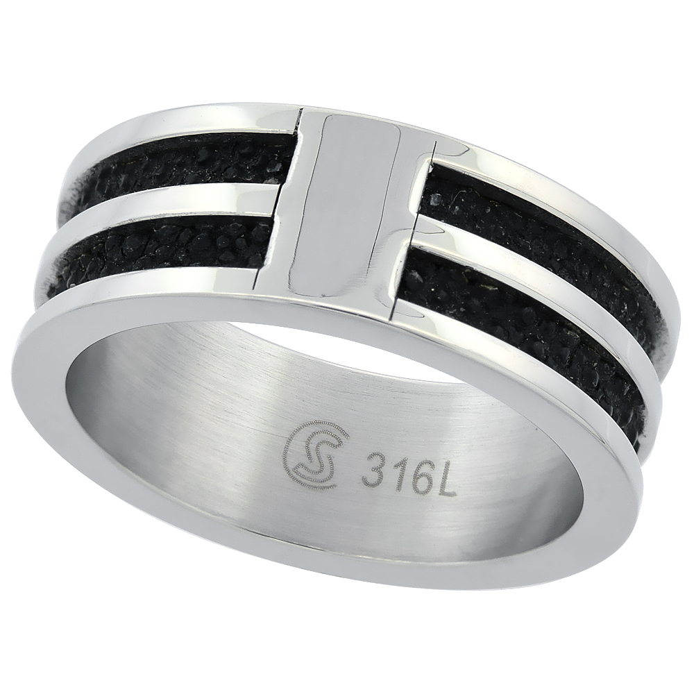 Surgical Stainless Steel 8mm Wedding Band Ring 2-row Black Bead Inlay Polished Finish sizes 8 - 14