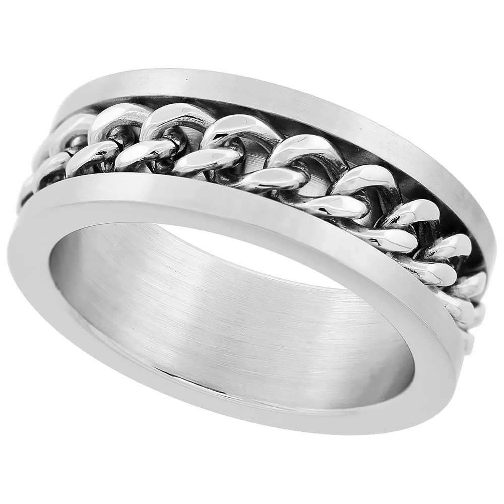 Surgical Stainless Steel 8mm Wedding Band Ring Curb Chain Inlay Matte Finish sizes 8 - 14