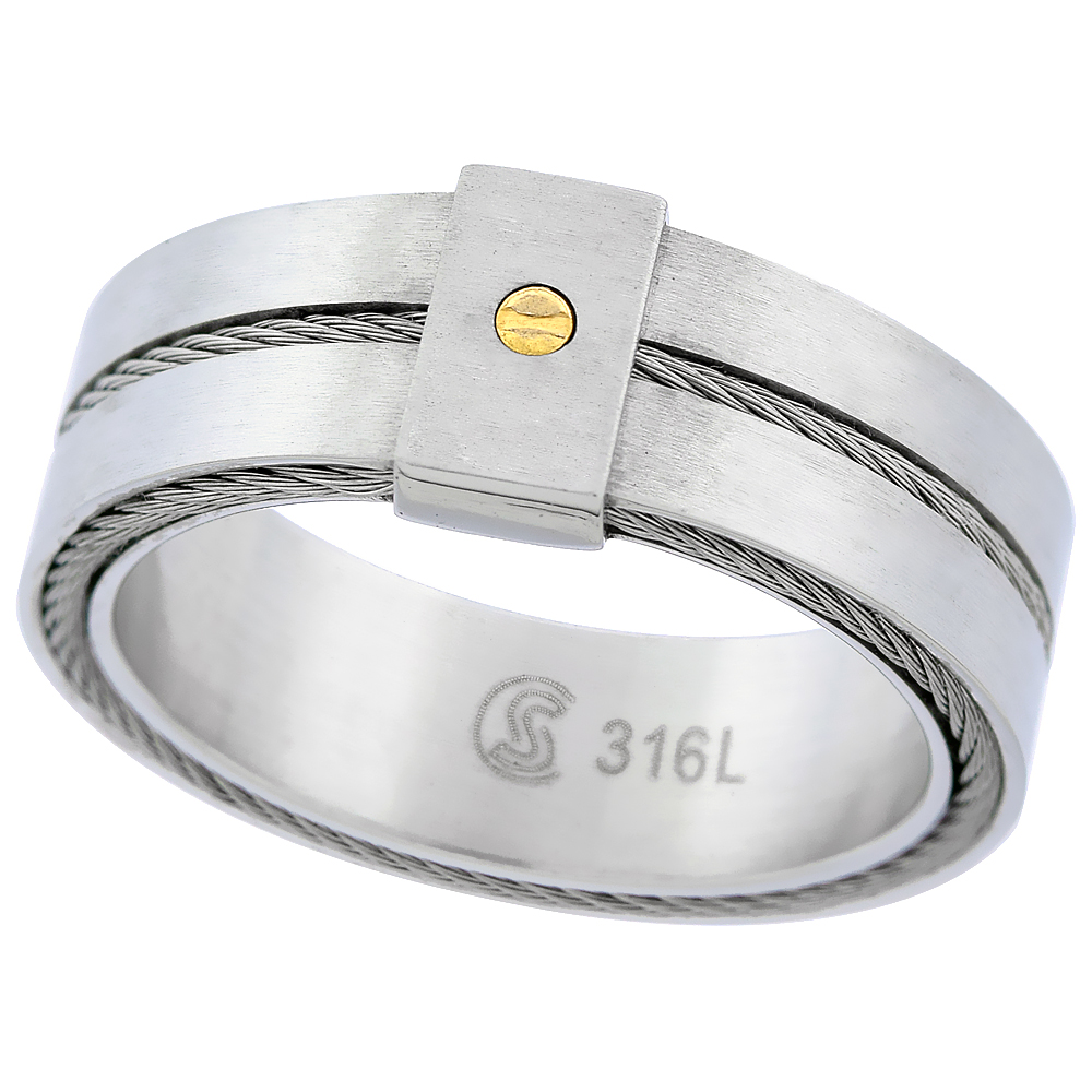 Surgical Stainless Steel 8mm Wedding Band Side & Center Inlay Cable Gold Dot Matte Finish sizes 8 - 14