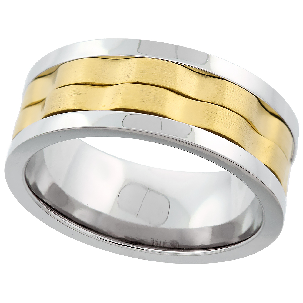 Surgical Stainless Steel 8mm 2-Ring Spinner Wedding Band Two-tone Gold, sizes 8 - 14