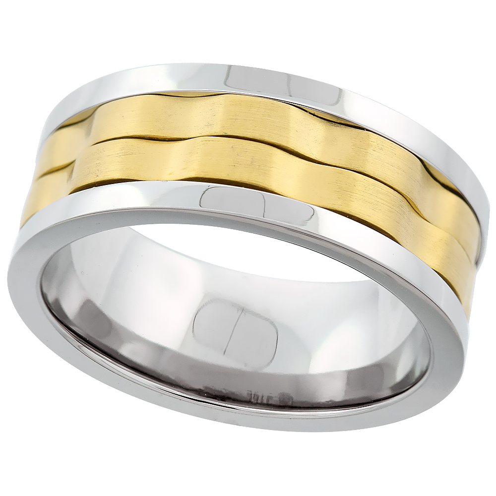 Surgical Stainless Steel 8mm 2-Ring Spinner Wedding Band Two-tone Gold sizes 8 - 14