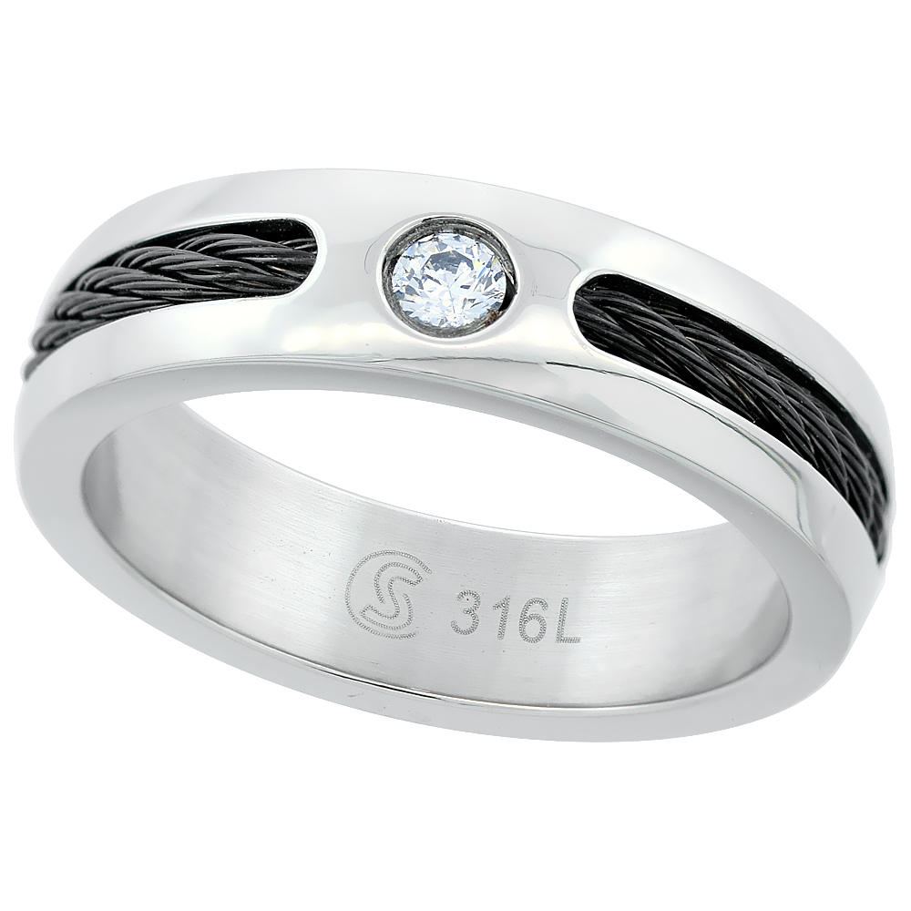 Surgical Stainless Steel 6mm CZ Wedding Band Ring Domed Black Cable Inlay Polished, sizes 8 - 14