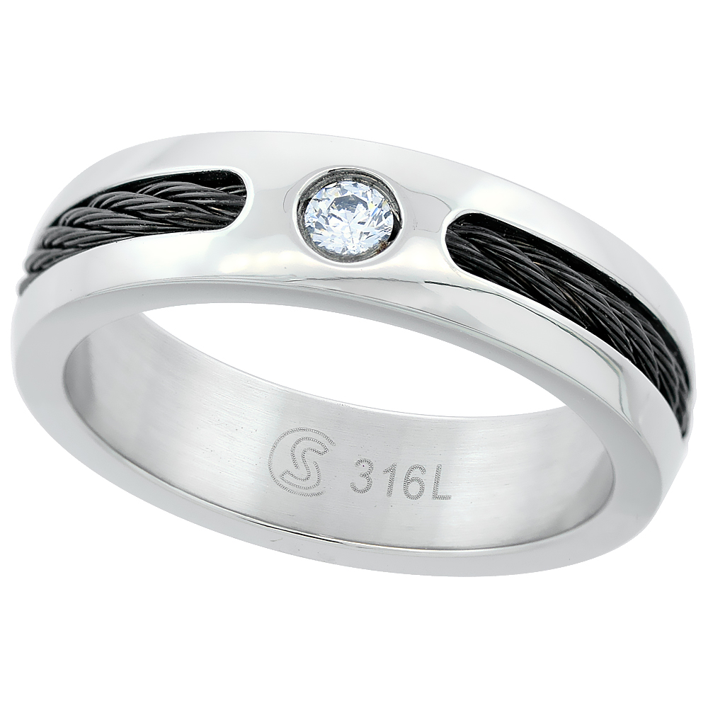 Surgical Stainless Steel 6mm CZ Wedding Band Ring Domed Black Cable Inlay Polished sizes 8 - 14