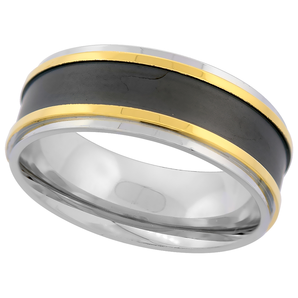 Surgical Stainless Steel 8mm Wedding Band Ring Black Center Double Gold Stripes Comfort fit sizes 8 - 14