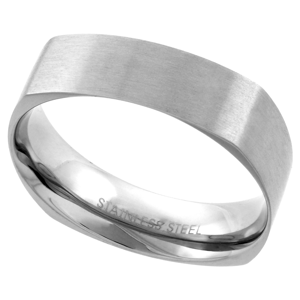 Surgical Steel 6mm Square Wedding Band Ring Matte Finish Comfort-fit sizes 7 - 14