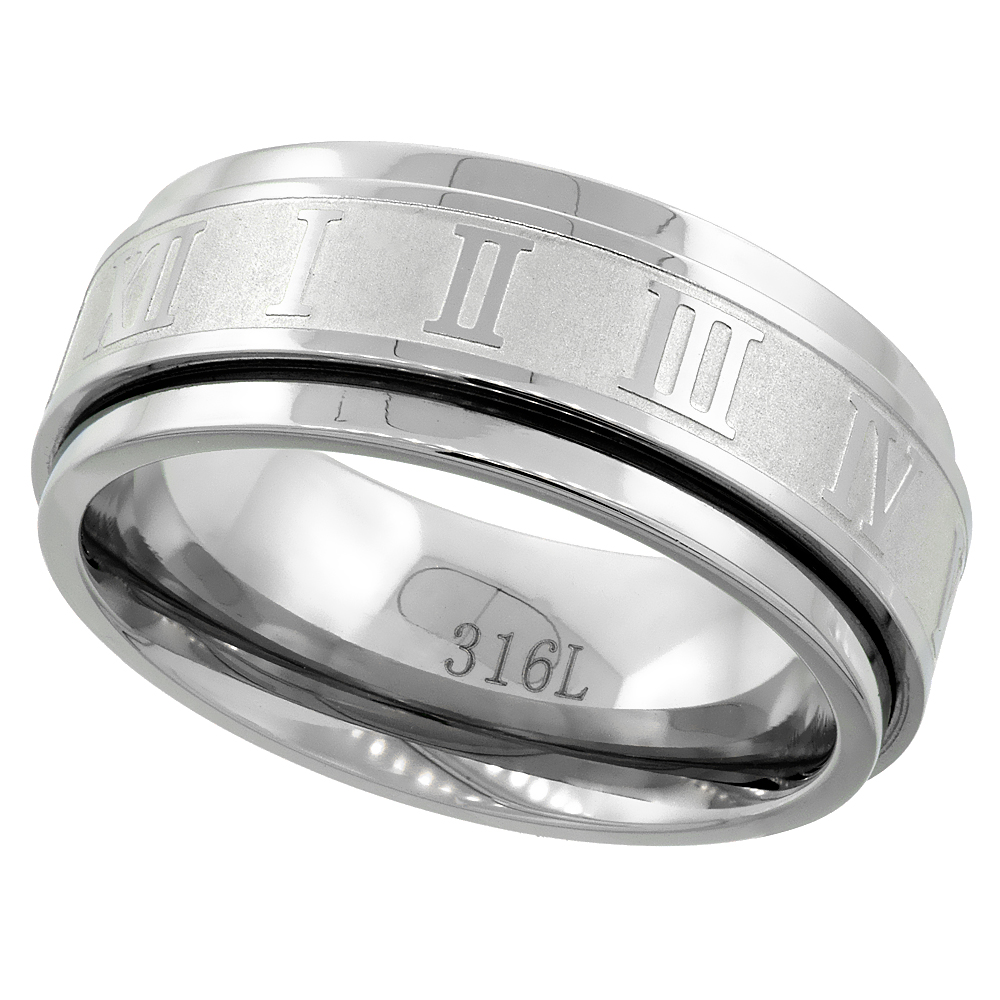Surgical Stainless Steel 8mm Roman Numerals Spinner Ring Wedding Band, sizes 7 - 14