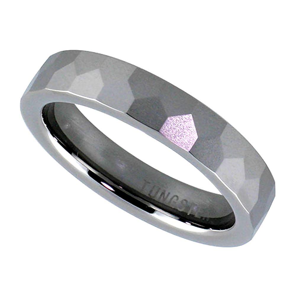 Tungsten Carbide 5 mm Faceted Dome Wedding Band Ring Pentagon Patterns, sizes 7 to 14