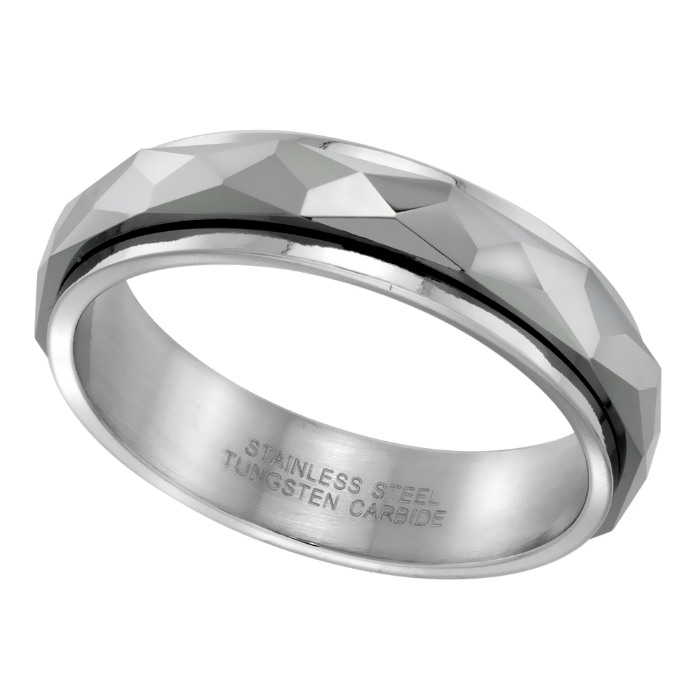 TUNGSTEN CARBIDE 5 MM FACETED SPINNER WEDDING BAND RING SIZES 7 TO 14