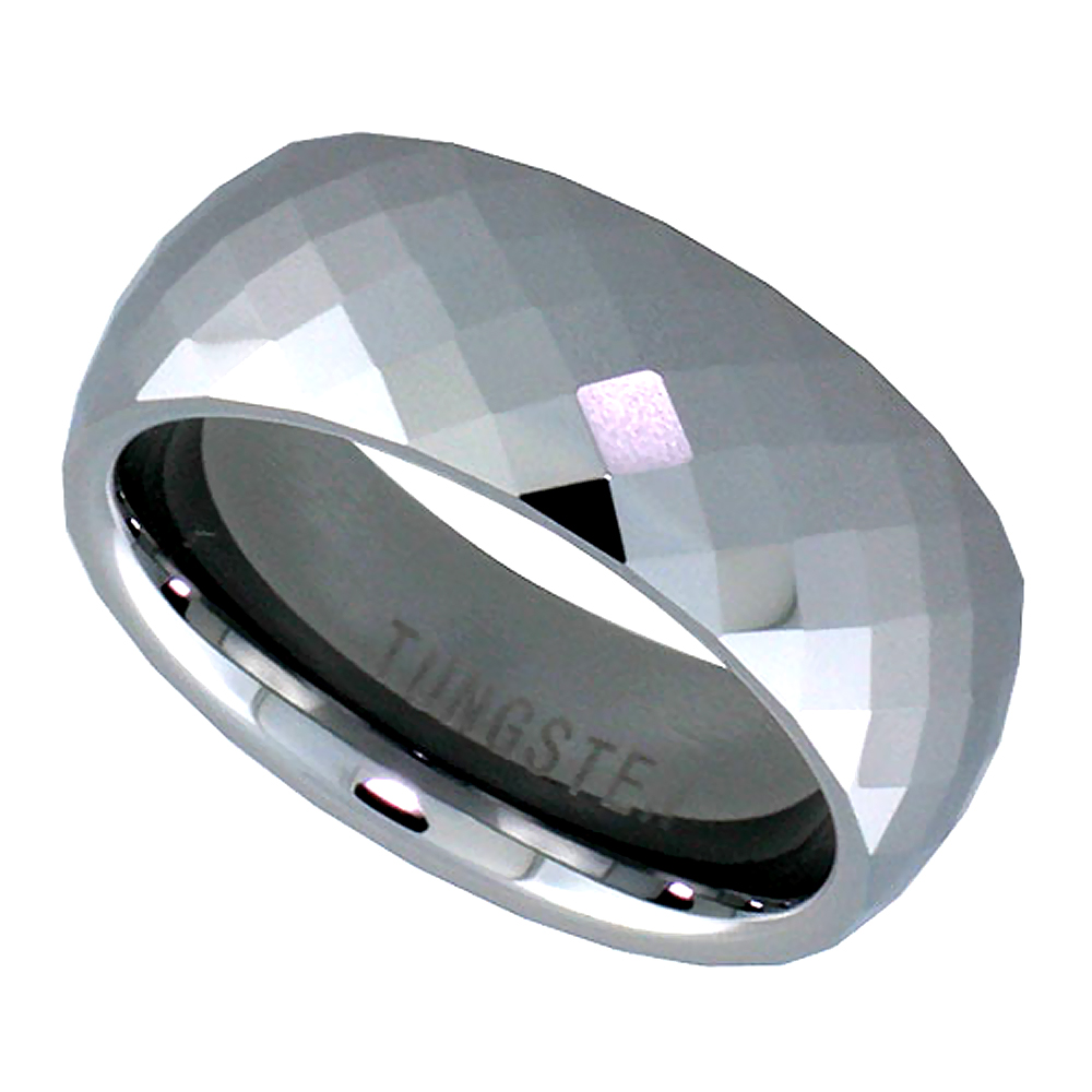 Tungsten Carbide 8 mm Faceted Dome Wedding Band Ring Fine Diamond Pattern, sizes 5 to 14