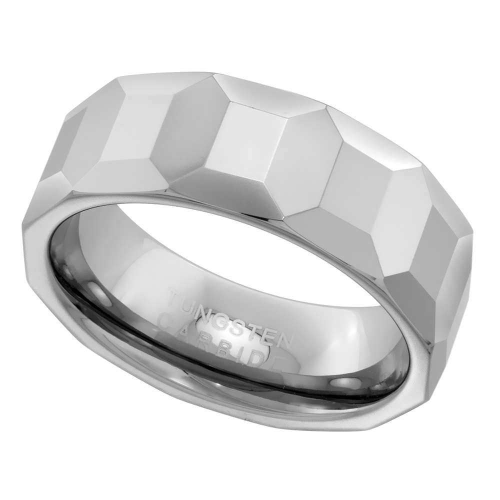 TUNGSTEN CARBIDE 8 MM FACETED DOME WEDDING BAND RING OCTAGON PATTERNS SIZES 5 TO 14