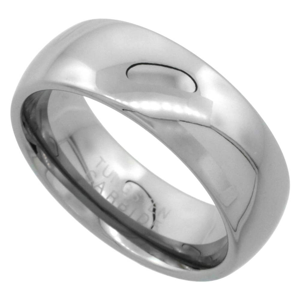 Tungsten Carbide 8 mm Comfort Fit Domed Wedding Band Ring for Him & Her Mirror Polished Finish, sizes 5 to 14