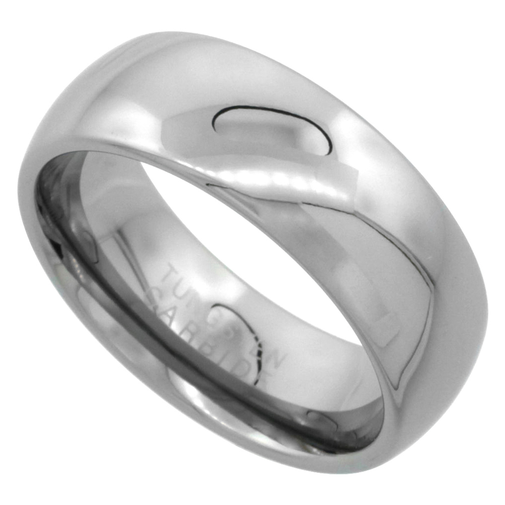 Tungsten Carbide 8 mm Comfort Fit Domed Wedding Band Ring for Him &amp; Her Mirror Polished Finish, sizes 5 to 14