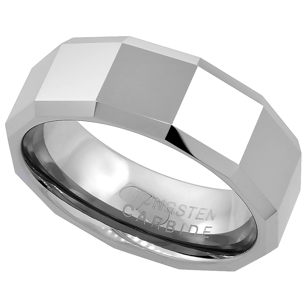 TUNGSTEN CARBIDE 8 MM FACETED FLAT WEDDING BAND RING LARGE SQUARE PATTERNS BEVELED EDGES SIZES 7 TO 14