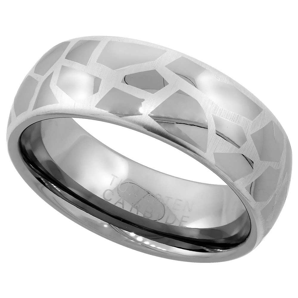 Tungsten Carbide 8 mm Domed Wedding Band Ring Etched Abstract Pattern, sizes 7 to 14