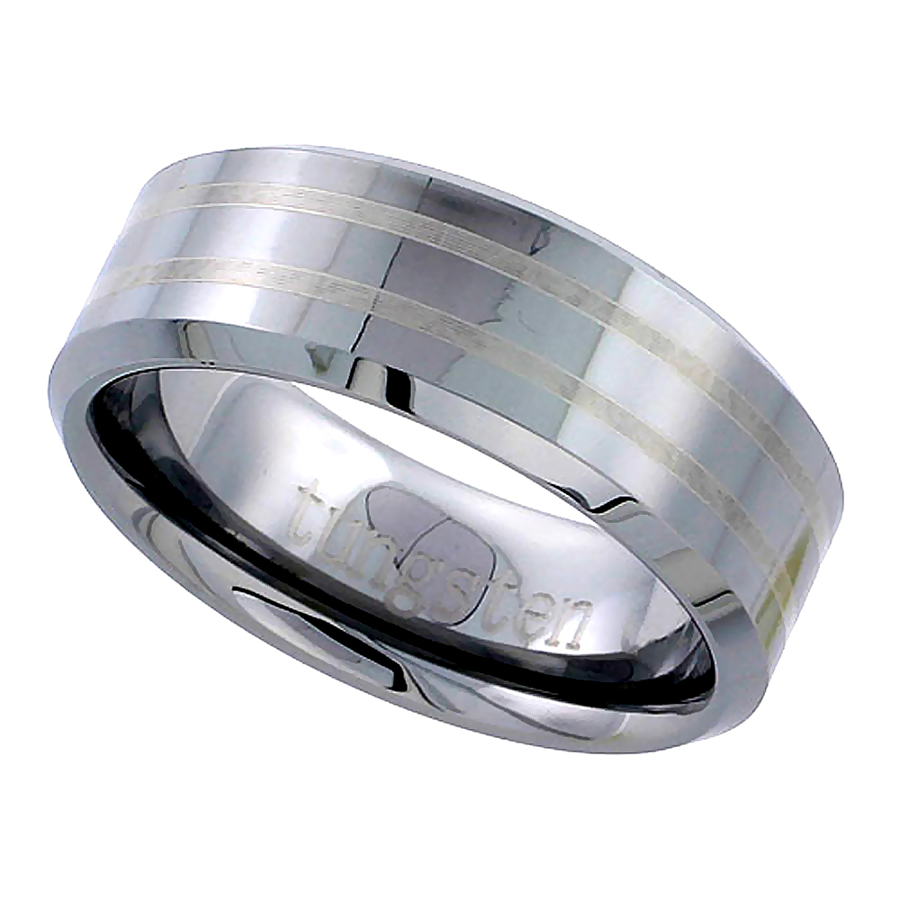 Tungsten Carbide 8 mm Flat Wedding Band Ring 2 Etched Stripes Beveled Edges, sizes 5 to 14