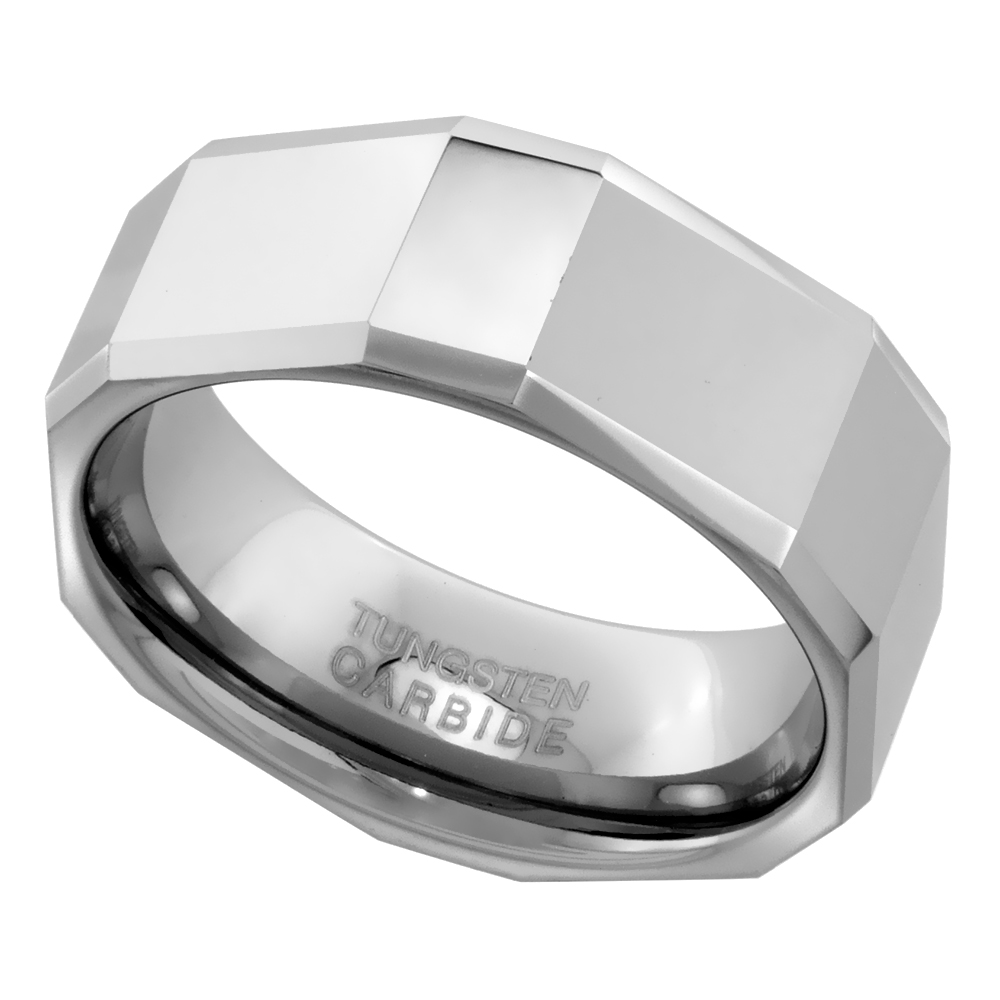 Tungsten Carbide 8 mm Flat Faceted Wedding Band Ring Rectangle Patterns sizes 7 to 14