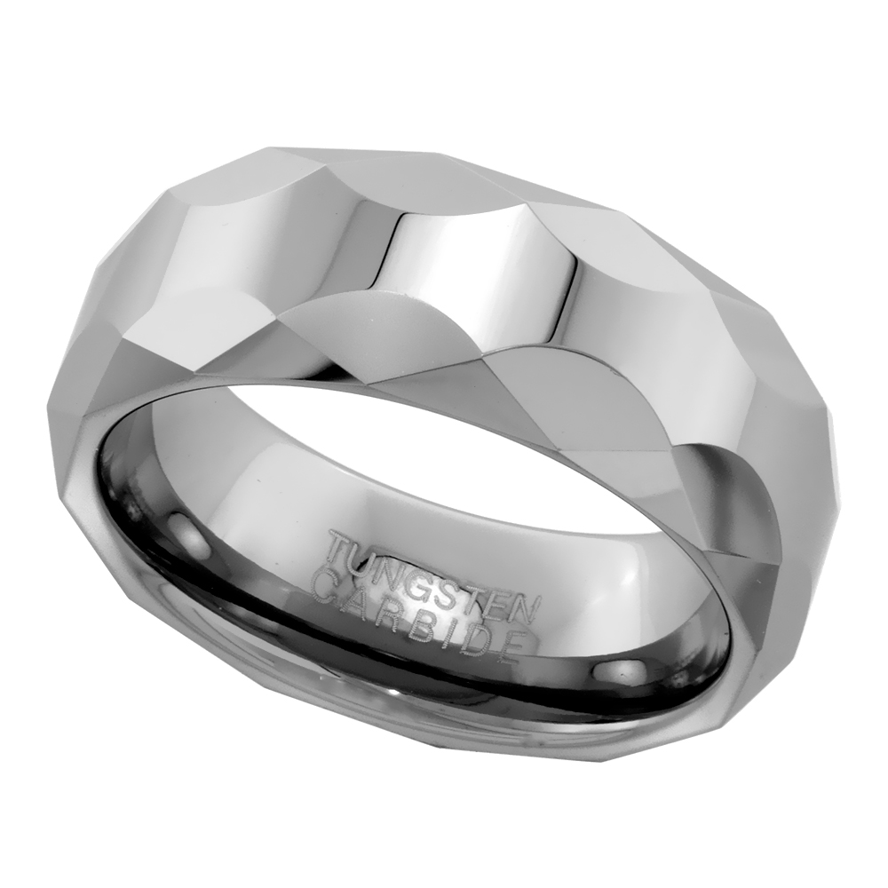 Tungsten Carbide 8 mm Faceted Dome Wedding Band Ring Circular Patterns sizes 7 to 14
