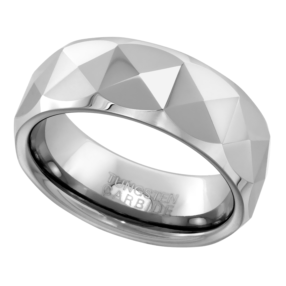 TUNGSTEN CARBIDE 8 MM FACETED DOME WEDDING BAND RING PYRAMID PATTERNS SIZES 7 TO 14