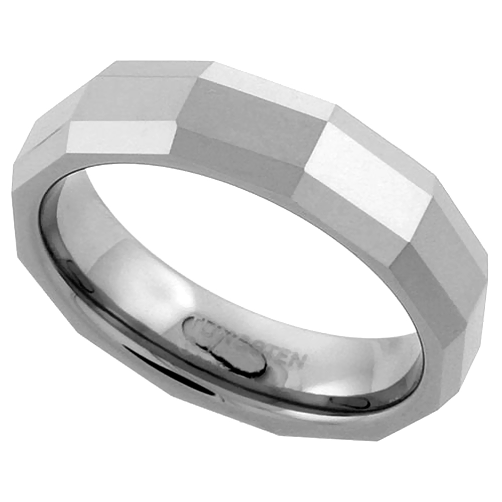 Tungsten Carbide 5.5 mm Faceted Dome Wedding Band Ring Thin Rectangular Patterns, sizes 7 to 14