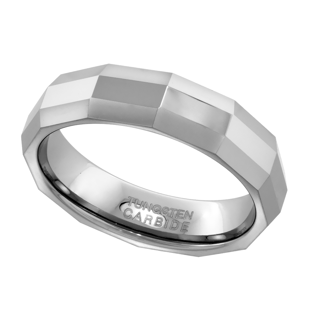 TUNGSTEN CARBIDE 5.5 MM FACETED DOME WEDDING BAND RING THIN RECTANGULAR PATTERNS SIZES 7 TO 14