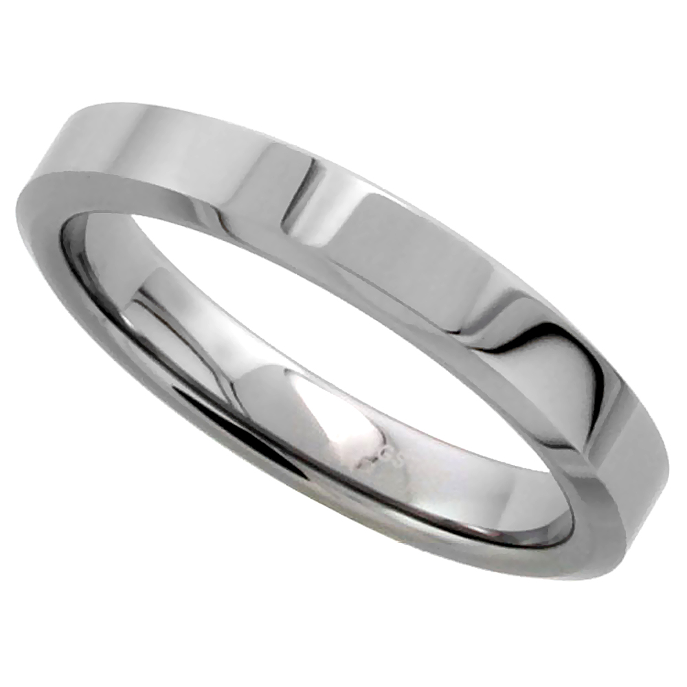 Tungsten Carbide 4 mm Flat Wedding Band Thumb Ring His &amp; Hers Mirror Polished Finish Beveled Edges, sizes 5 to 12