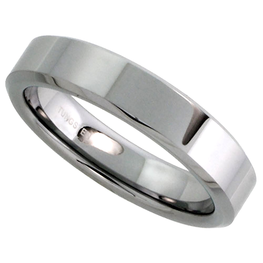 Tungsten Carbide 5 mm Flat Wedding Band Thumb Ring His &amp; Hers Mirror Polished Finish Beveled Edges, sizes 5 to 12