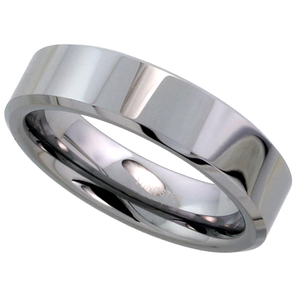 Tungsten Carbide 6 mm Flat Wedding Band Thumb Ring His & Hers Mirror Polished Finish Beveled Edges, sizes 5 to 12